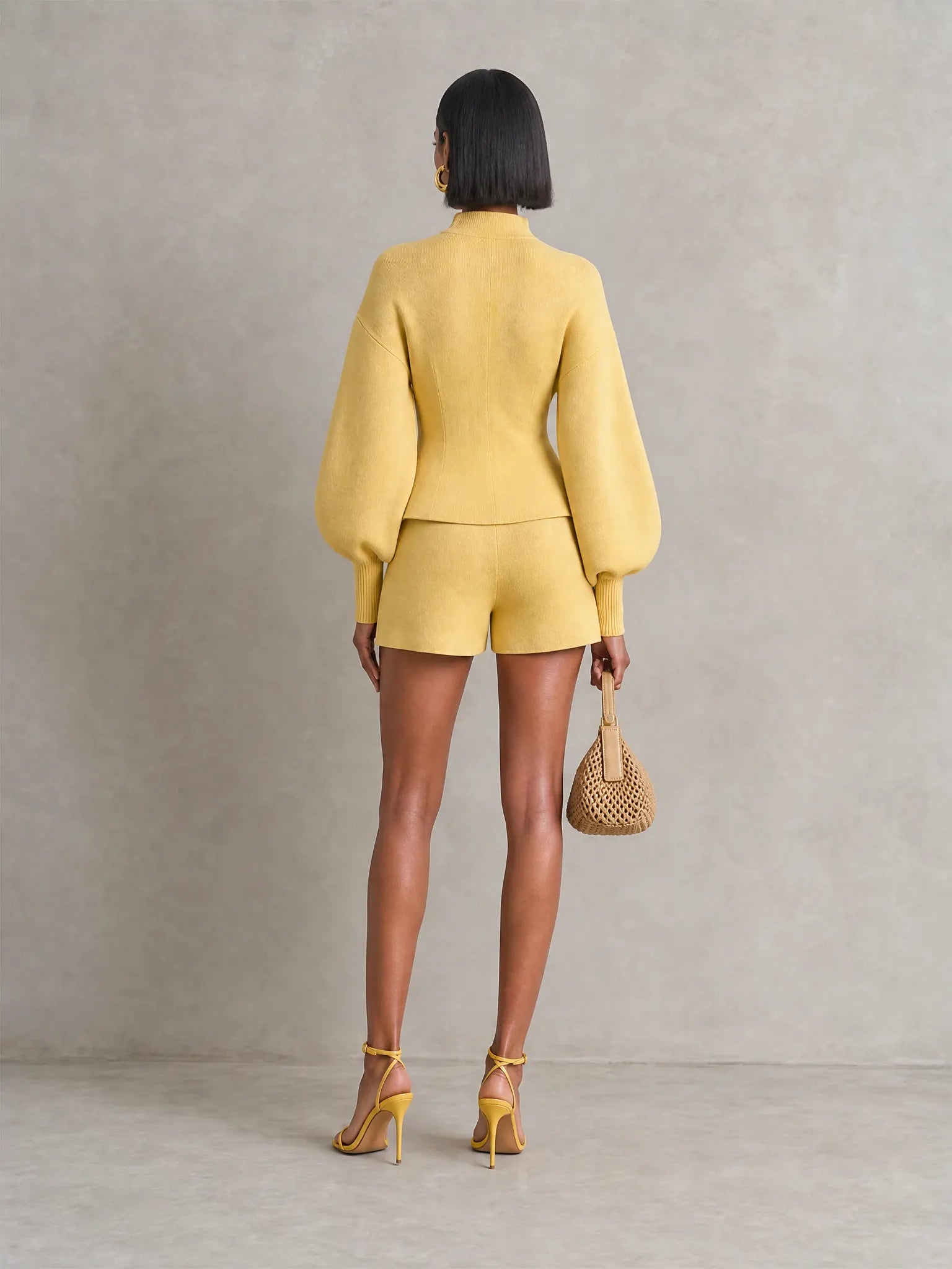Women's Elegant Butter Yellow Knit Zip-Front Balloon Sleeve Jacket And High-Waist Shorts Two-Piece Set MDZ1630G6ZSQ