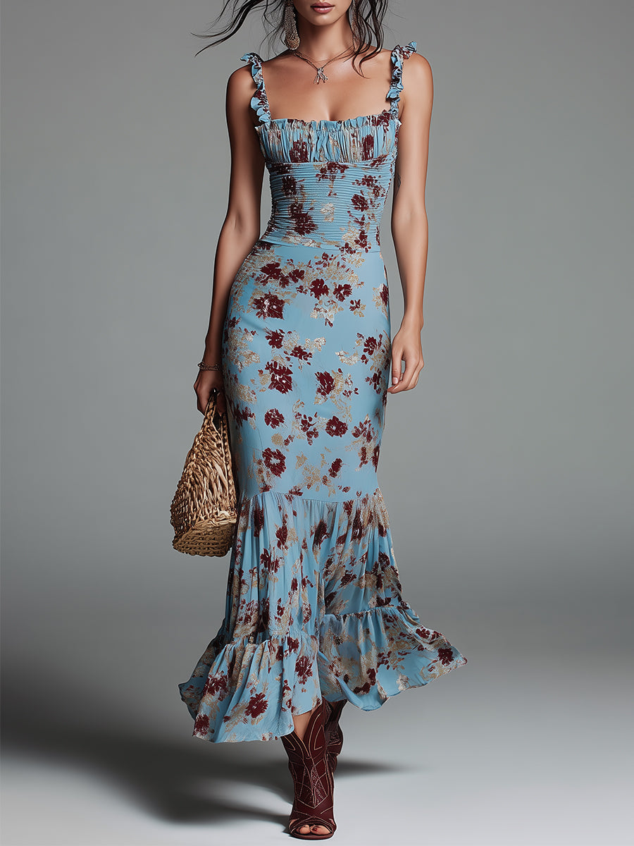 Vintage-print Fitted Sleeveless Ruffled Fishtail Hem Maxi Dress