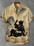 Men's Landscape Drinking Samurai Way Cat Short Sleeve Shirt