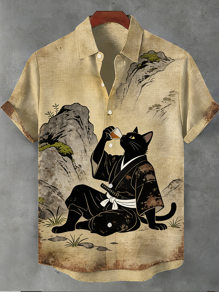 Men's Landscape Drinking Samurai Way Cat Short Sleeve Shirt