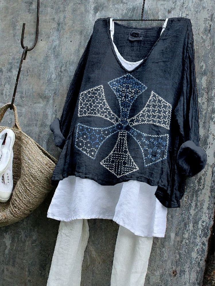 Vintage Embroidered Stitched Textile Art Linen Blend Tunic