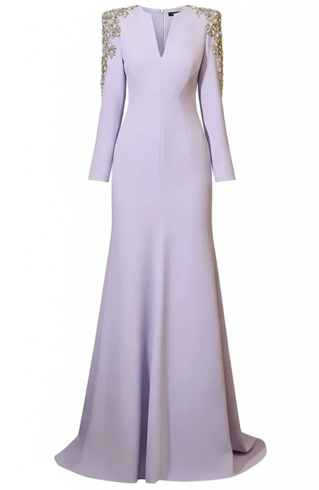 Long Sleeve Embellished Shoulders Maxi Dress Lavender
