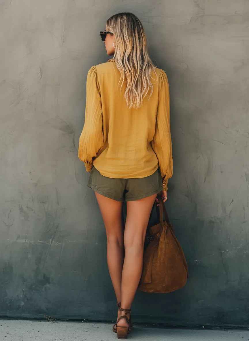 Women's Casual Yellow Cotton-Linen V-Neck Long-Sleeve Top And Olive Green Shorts Set MDZ1527E4LXY