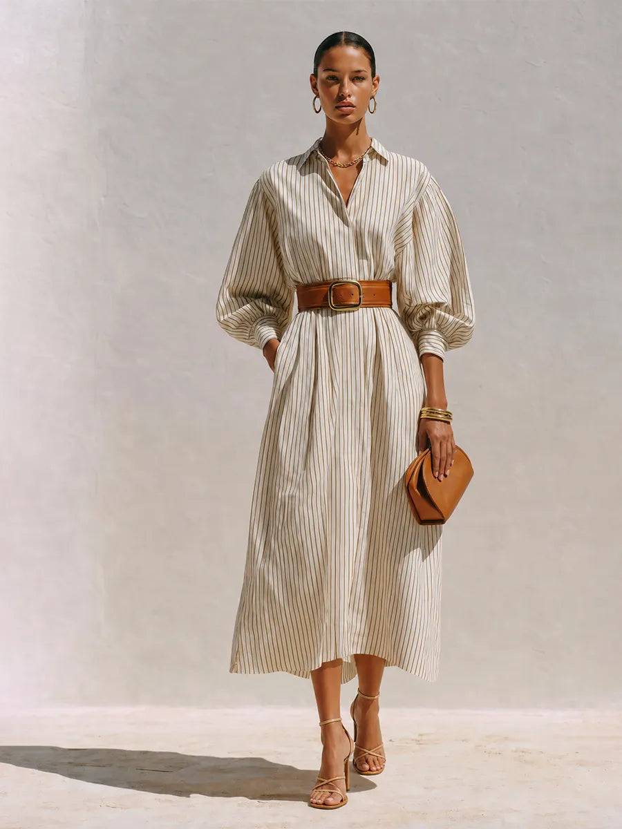 Women's Elegant Ivory Cotton Blend Pinstripe Collared Button-Front Balloon Sleeve Belted Midi Shirt DressMDZ0739G0ZSQ