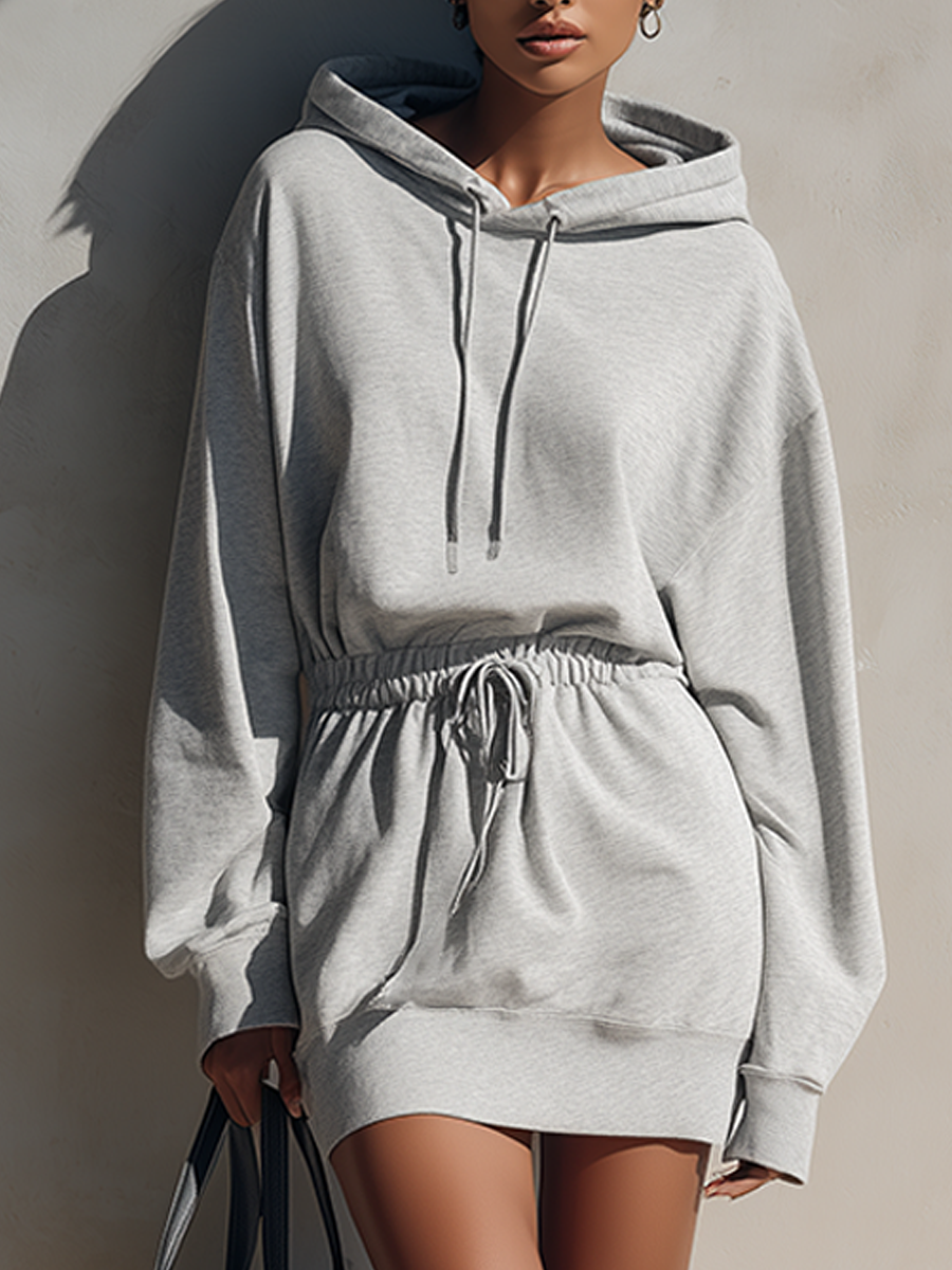Women's Heather Gray Cotton Blend Drawstring Waist Hoodie Mini Sweatshirt Dress MDZ2420G4ZRK