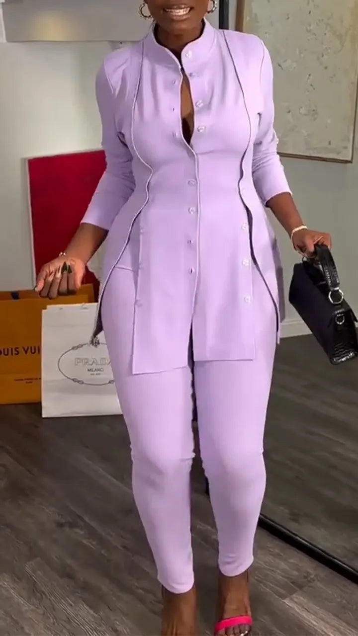 Women Round Neck Button-down Top and Pants Casual Suit