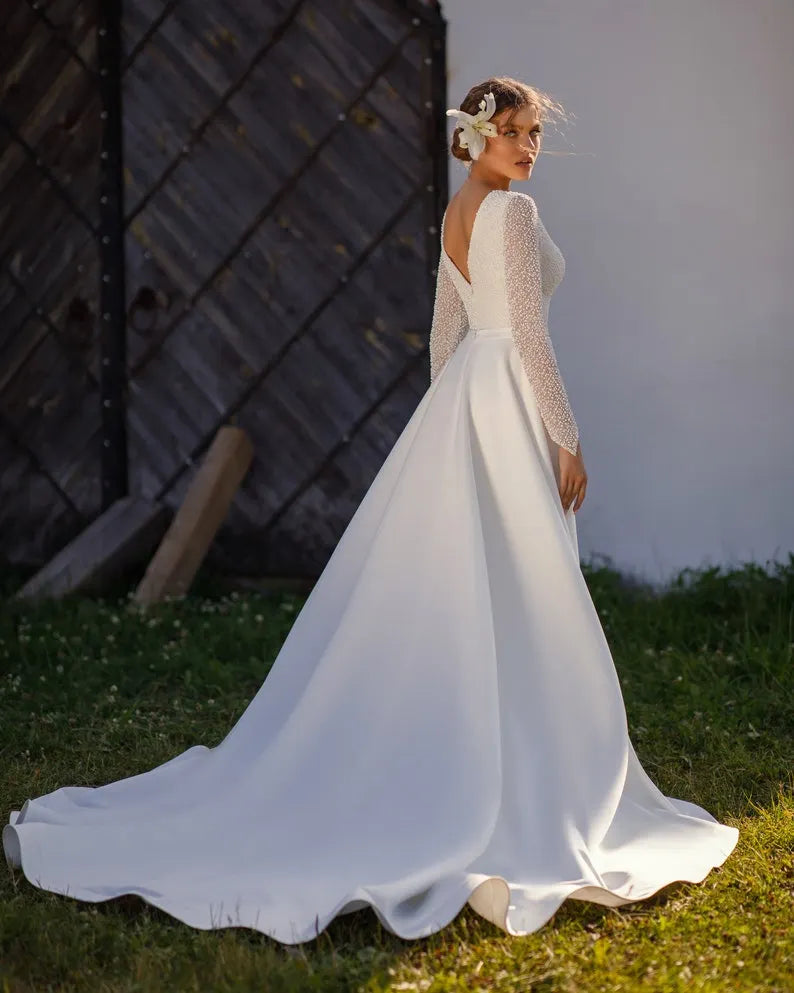 Lace boho bride bridal ivory v neck long wedding dress glitter mermaid shine sexy detachable train removable satin bohemian beach summer