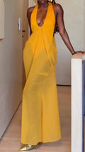 Bright Yellow Halter Deep V Backless Draped Chiffon Maxi Dress