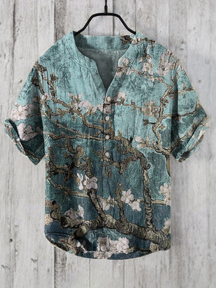Men's Retro Japanese Apricot Blossom Art Pattern Linen Shirt
