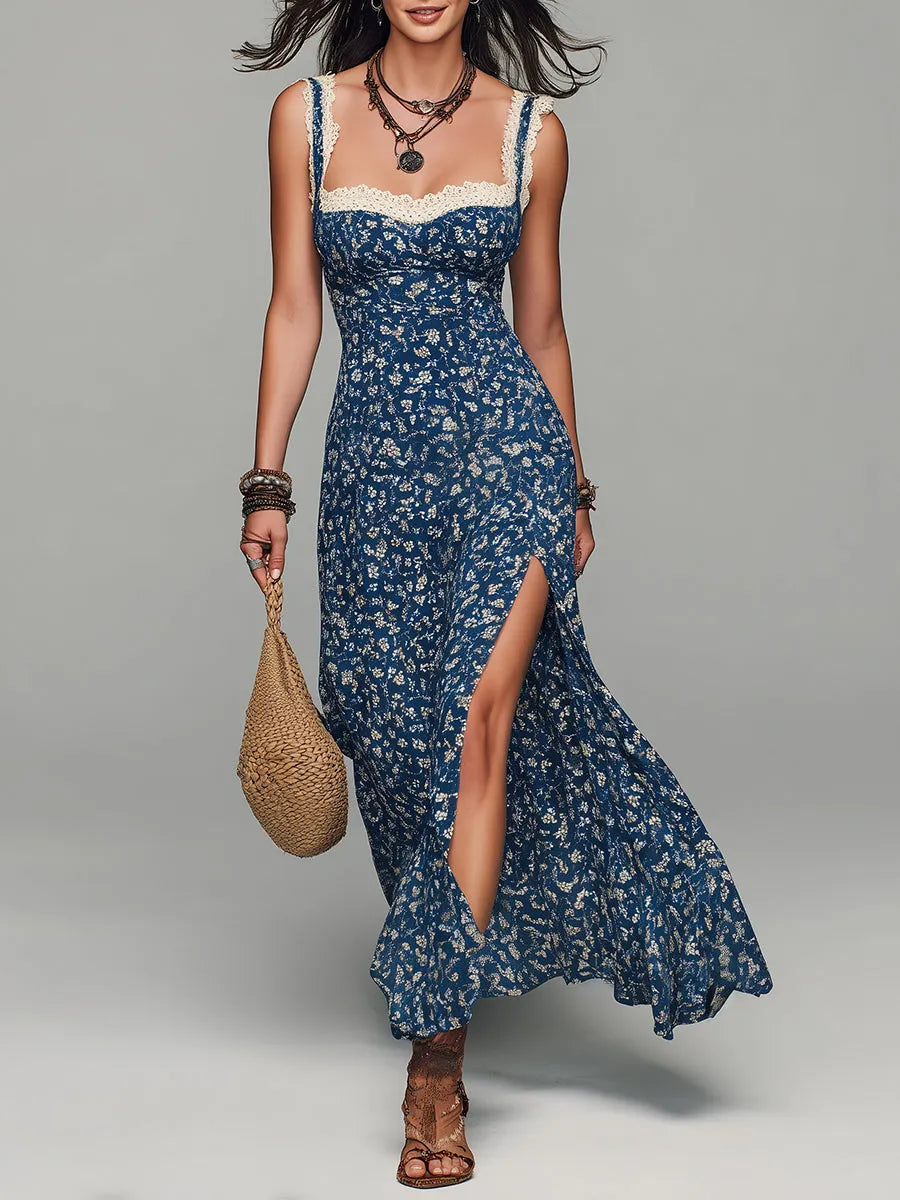 Quiet Luxury Floral Print Lace Trim Maxi Dress With High Slit