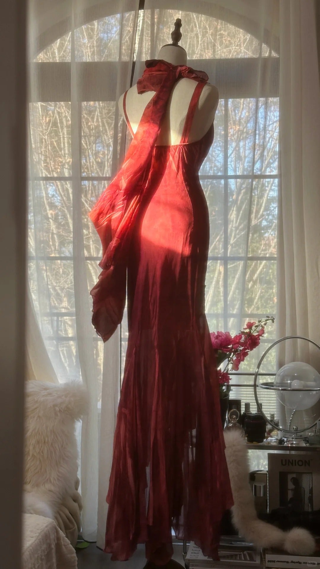 Red Romantic Fashion Elegant Exquisite Lotus Gold Beaded Long Chiffon Fishtail Skirt Mermaid Slim Ball Gown Evening Dress Birthday/Wedding Guest/Holiday Party Dress Prom Dress Valentine's Day Date Dress 4029