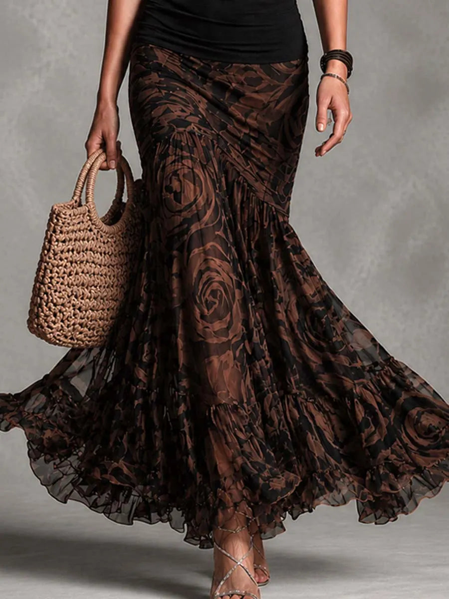 Vintage Two-Piece Rib Knit And Floral Chiffon Ruched Mermaid Maxi Dress