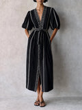 Women's Bohemian Black Cotton Blend V-Neck Puff Sleeve Geometric Embroidery Belted Midi DressMDZ0712G1ZSQ