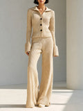 Women's Elegant Oatmeal Beige Ribbed Knit Collared Button-Front Flared Cuff Cardigan And Wide-Leg Pants Two-Piece SetMDZ2180G5ZSQ