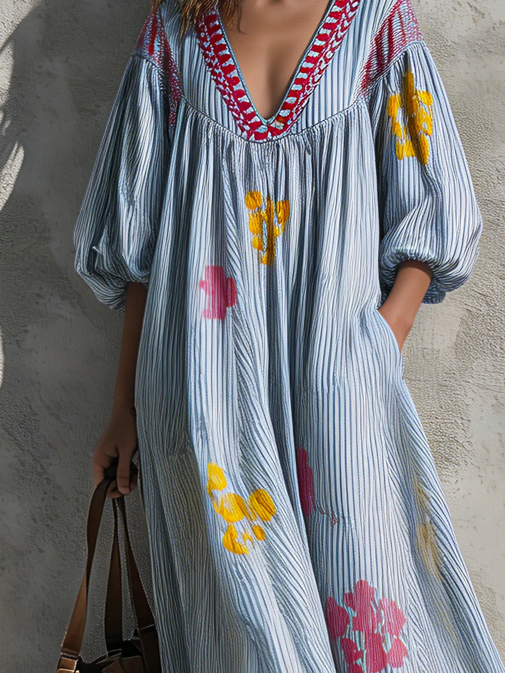 Women's Casual Blue And White Striped Print Woven Maxi Dress With V-Neck And Puff Sleeves MDZ2334G8LXY