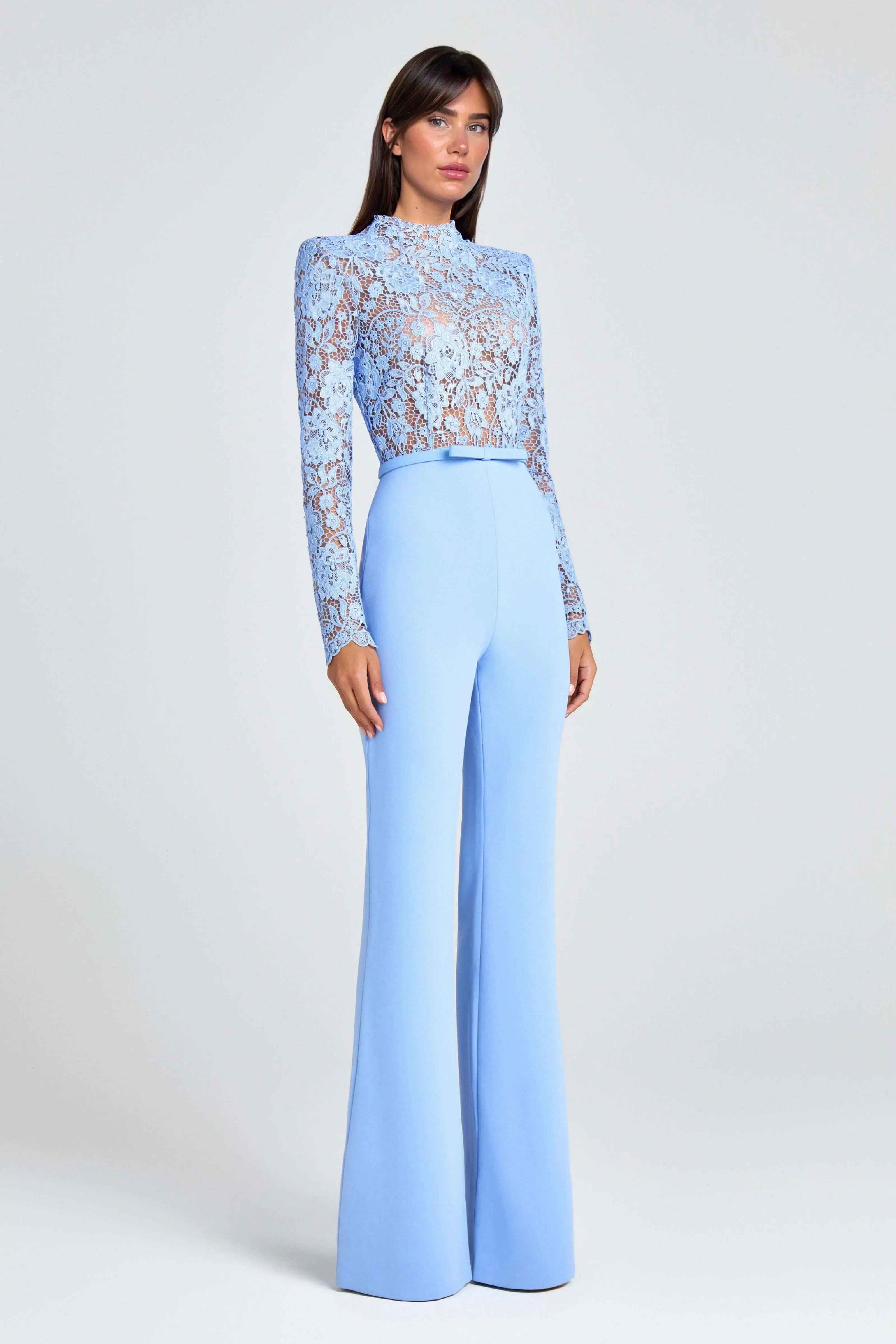 Elegant Party Charmer Flower Lace Patchwork Long Sleeve Bow Belted Flare Jumpsuit