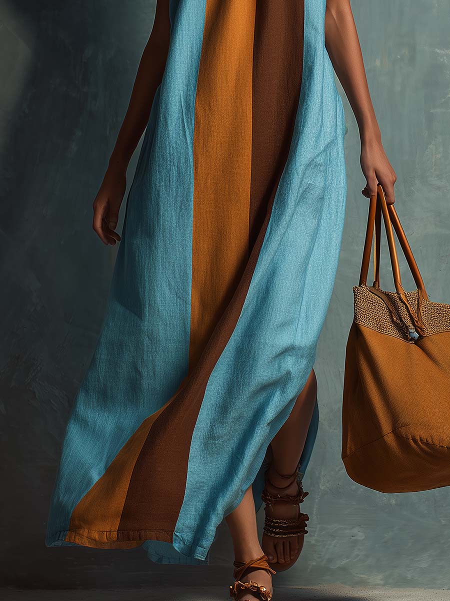 Retro Bohemian Halter Neck Blue And Brown Color-blocked Cotton And Linen Maxi Dress