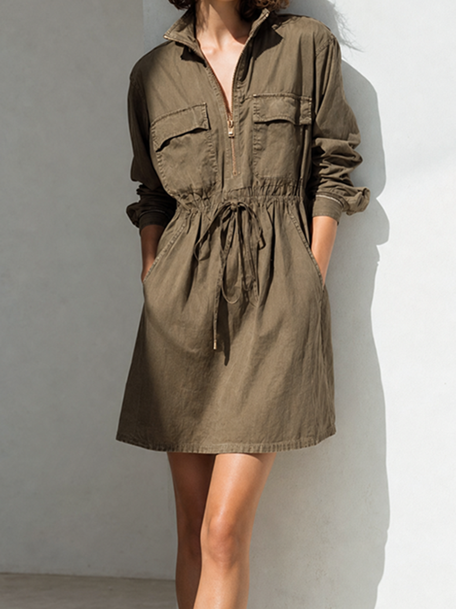 Women's Casual Utility Army Green Collared Zip Long-Sleeve Drawstring Cinched-Waist Shirt Mini Dress MDZ1675G6CMX
