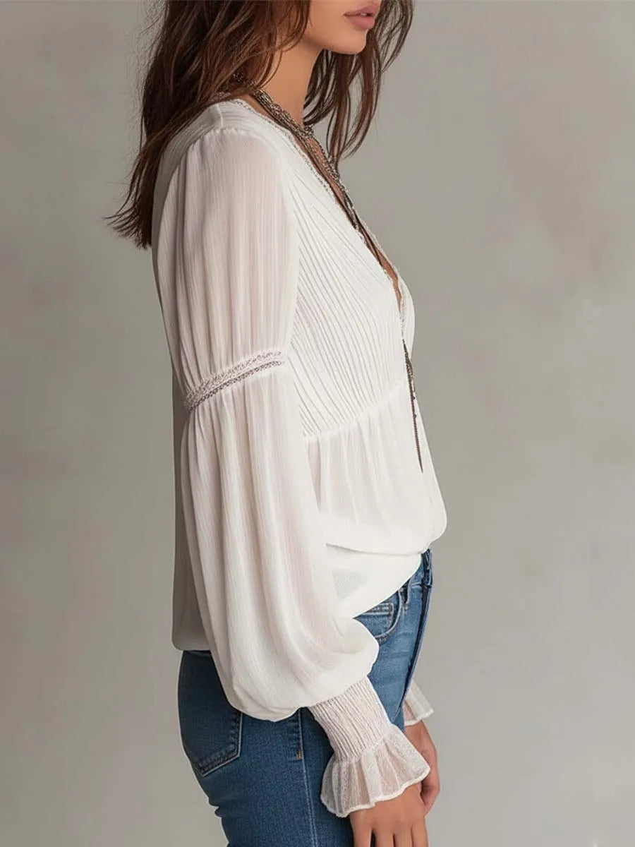 Retro Pleated-Chest Lace Trim Chiffon Blouse