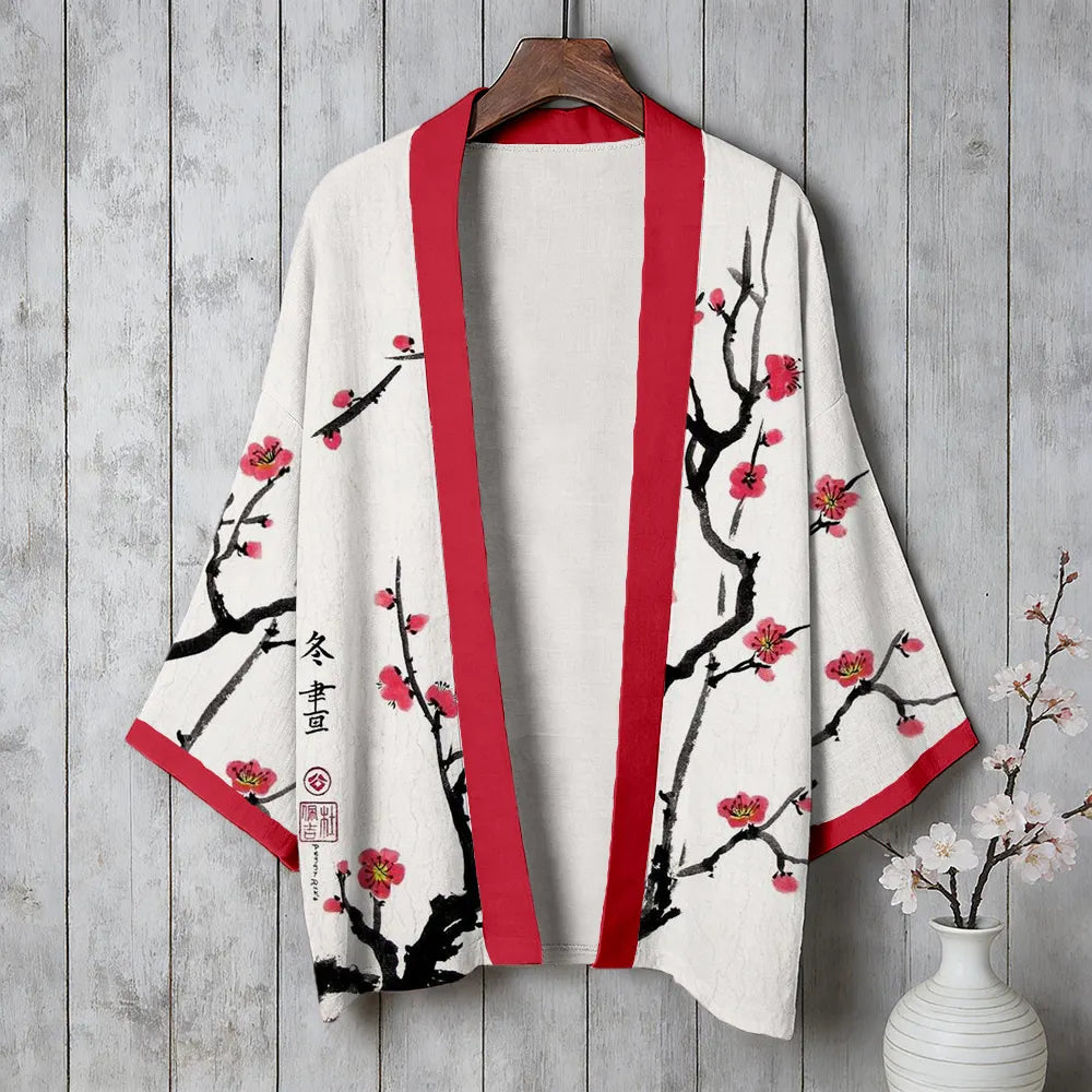 Vintage Japanese Plum Blossom Cozy Linen Kimono