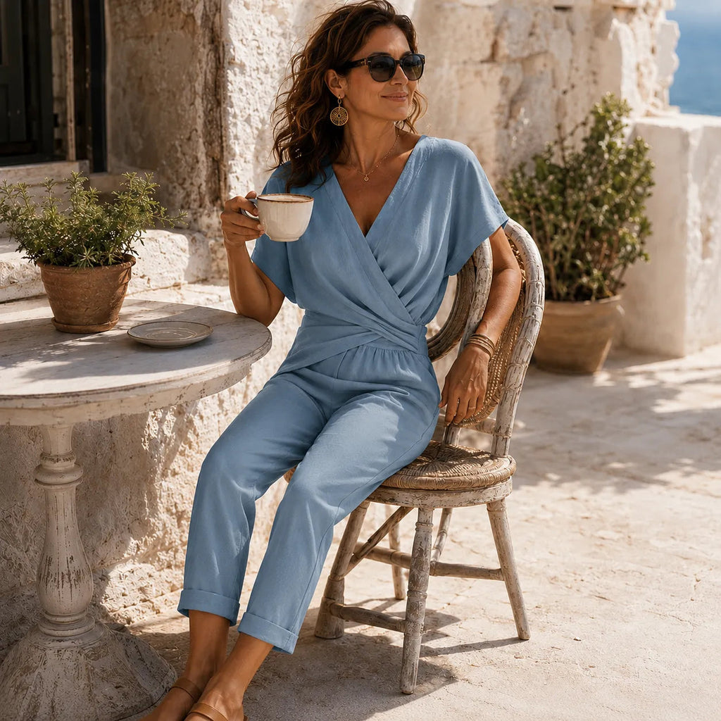 Solene – Twist Front Wrap Jumpsuit with Cropped Capri Leg
