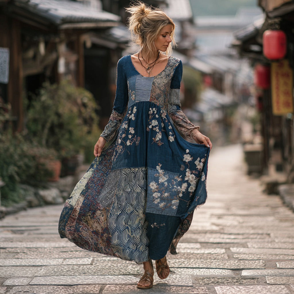 Women's Japanese-style Floral Print Casual Long-sleeved Round-neck Dress