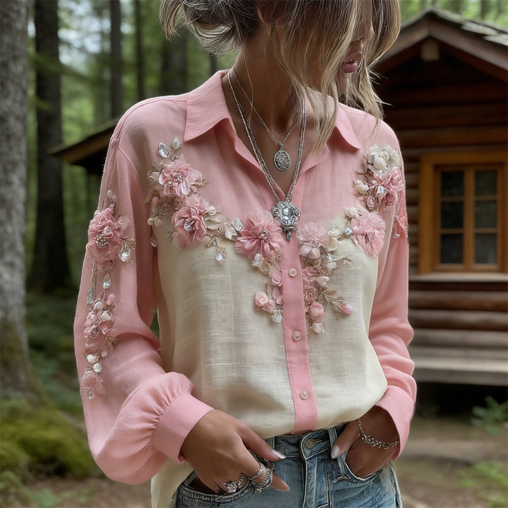Boho Floral & Gemstone Embroidered Women's Linen Long Sleeve Shirt