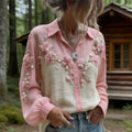 Boho Floral & Gemstone Embroidered Women's Linen Long Sleeve Shirt