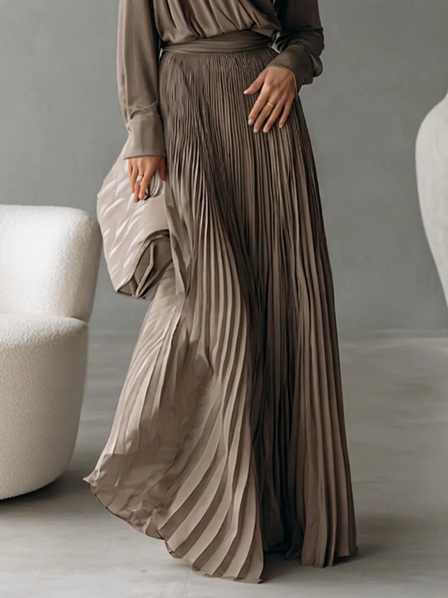 Women's Taupe Two-Piece Set With Draped Wrap Long Sleeve Top & High Waist Pleated Maxi Skirt, Minimalist Elegant Formal Matching Outfit MDZ1356G3LYL