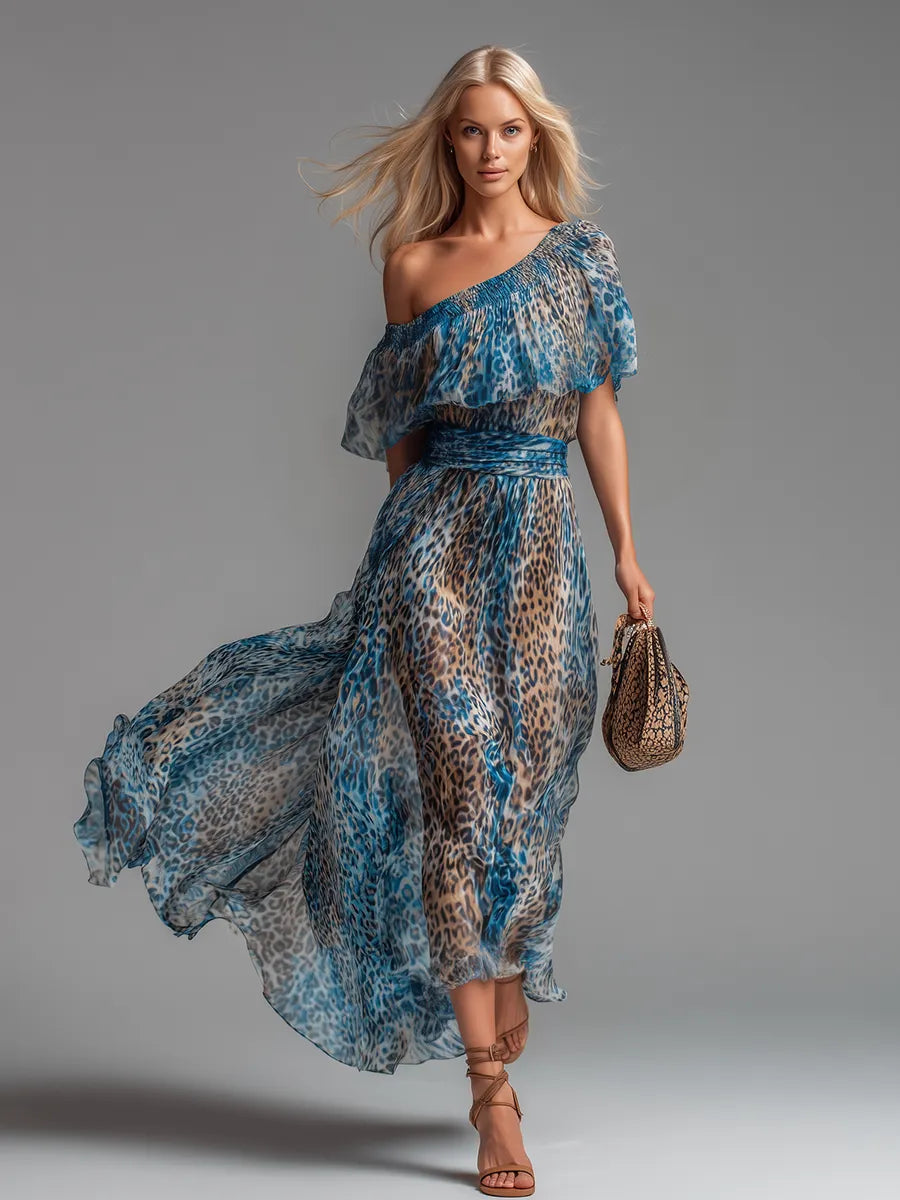 Stylish And Elegant Off-the-shoulder Short-sleeved Leopard Print Chiffon Maxi Dress