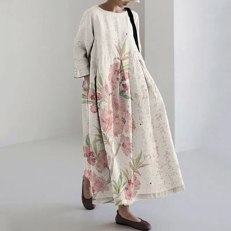 Pink Floral Japanese Watercolor Art Linen Maxi Dress