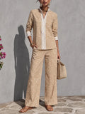 Women's Relaxed Resort Style Khaki Cotton Blend Diamond Print Stand Collar Long Sleeve Wide Leg Long Pants Set MDZ0258G8GMJ