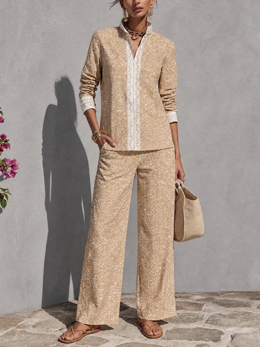 Women's Relaxed Resort Style Khaki Cotton Blend Diamond Print Stand Collar Long Sleeve Wide Leg Long Pants Set MDZ0258G8GMJ