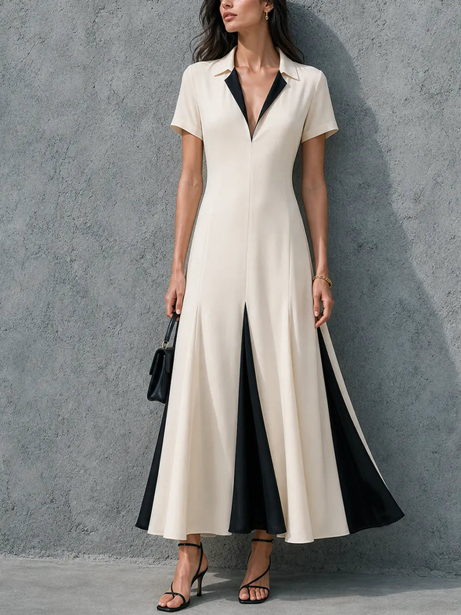 Women's Elegant Workwear Style Off-White Cotton Blend Color Block Lapel Short Sleeve Maxi Dress MDZ3023F5GMJ