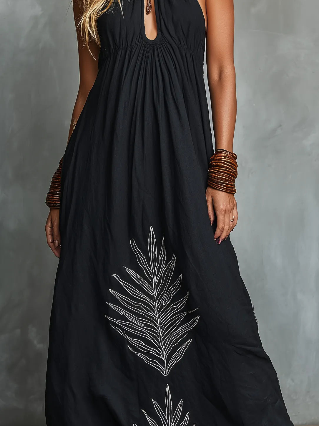 Women's Casual Black Cotton And Linen Halter Neck Sleeveless Loose Long Dress With Embroidered Hem MDZ0204C2AN
