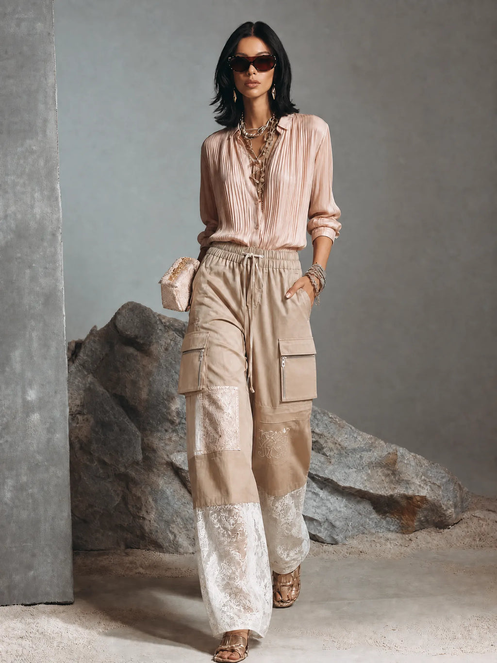 Women's Casual Khaki Cotton Blend Lace Panel Zipper Pocket Wide-Leg Cargo Pants MDZ2093G4GMJ