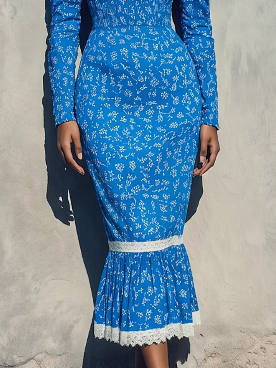 Women’s Bright Blue Ditsy Floral Square White Lace Trim Puff Long Sleeve Smocked Waist Mermaid Midi Dress MDZ0666G0YZJ