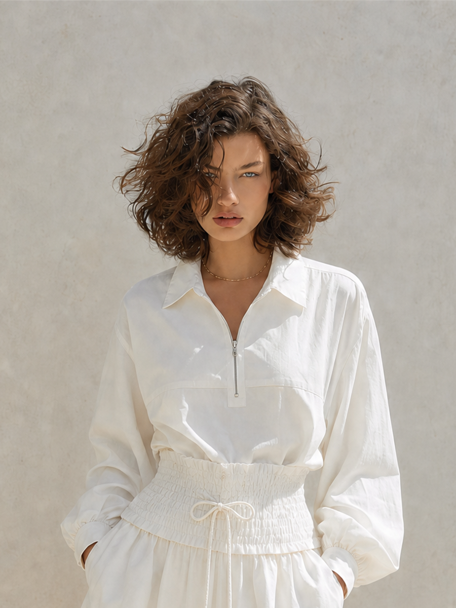 White Half-Zip Collared Long Sleeve Shirt & High Waist Elastic Shorts Two-Piece Set MDZ1719G0CMX