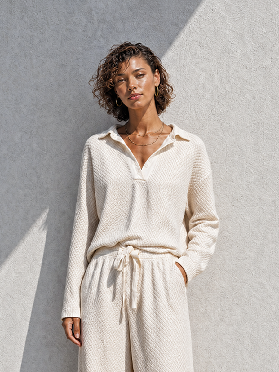 Women's Casual Relaxed Cream Collared Long-Sleeve Diamond-Textured Knit Top & Belted Wide-Leg Pants Set MDZ1315G2CMX