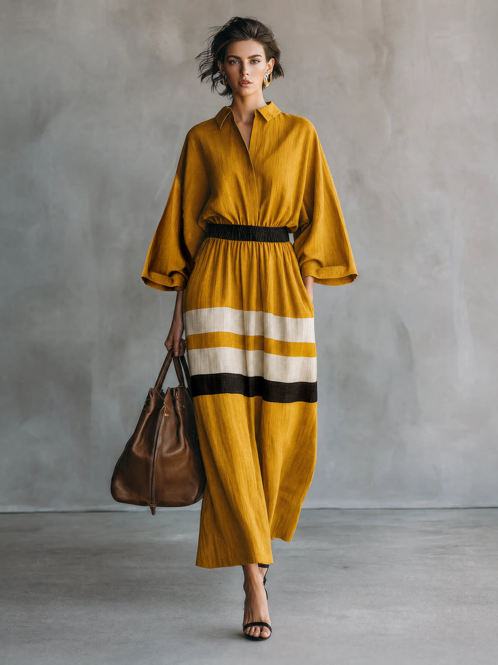Women's Minimalist Color-Block Maxi Dress With Elastic Waist And Three-Quarter Sleeves MDZ2053G2WY