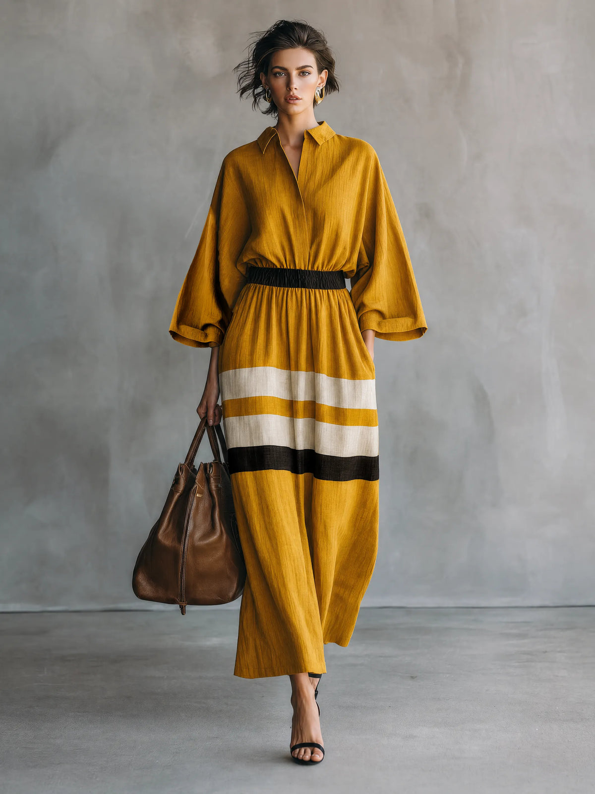 Women's Minimalist Color-Block Maxi Dress With Elastic Waist And Three-Quarter Sleeves MDZ2053G2WY