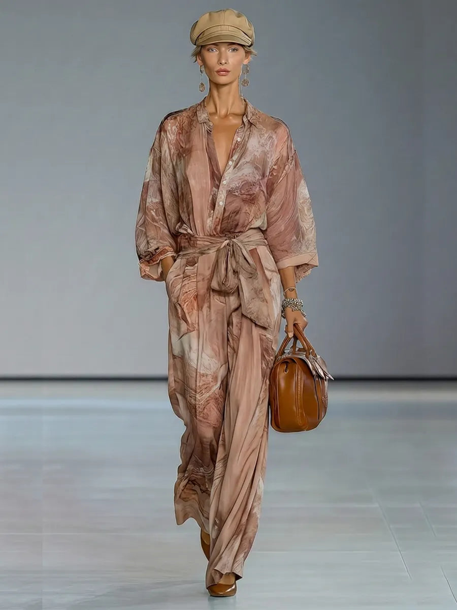 Women's Dusty Pink Print Chiffion Jumpsuit With Collared Half Placket & Self Tie Waist Belt, Modern Elegant Vacation Full Length Jumpsuit MDZ0113G4LYL