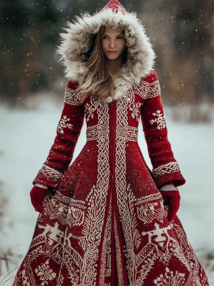 Vintage Snowflakes Celtic Cozy Fur Trim Hooded Long Cardigan