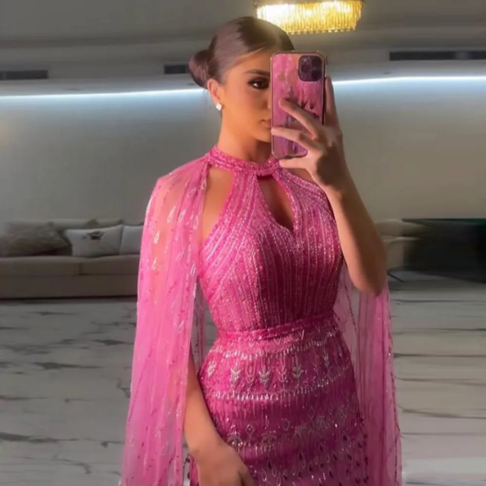 DreamyVow  Luxury Dubai Mermaid Pink Evening Dresses with Cape Sleeves 2023 Arabic Women Wedding Guest Formal Party Gowns 361