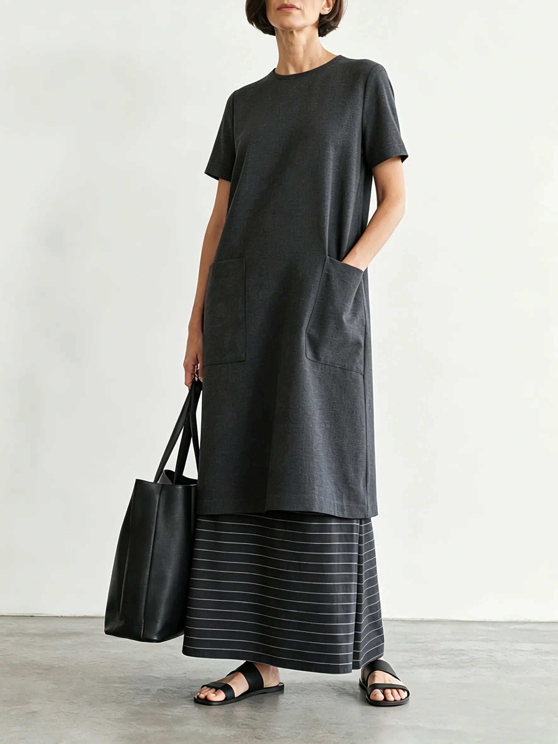 Women's Minimalist Color-Block Striped Short-Sleeve Maxi Dress MDZ3052F9WY