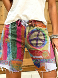Women's Peace Sign Stripe Patchwork Print Frayed Denim Shorts