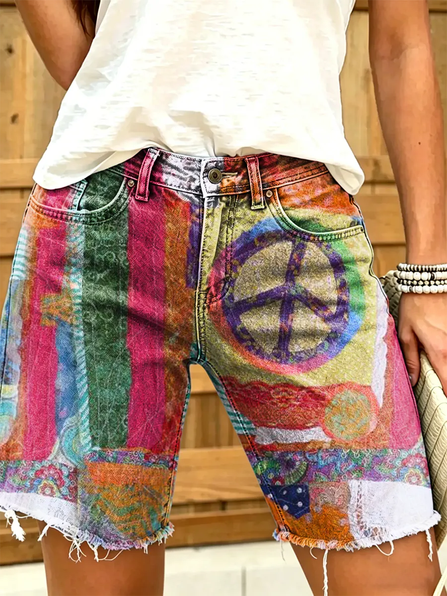 Women's Peace Sign Stripe Patchwork Print Frayed Denim Shorts