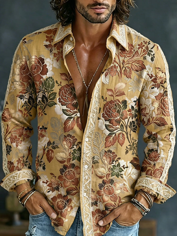Men's Retro Floral Art Print Flowy Linen Blend Shirt