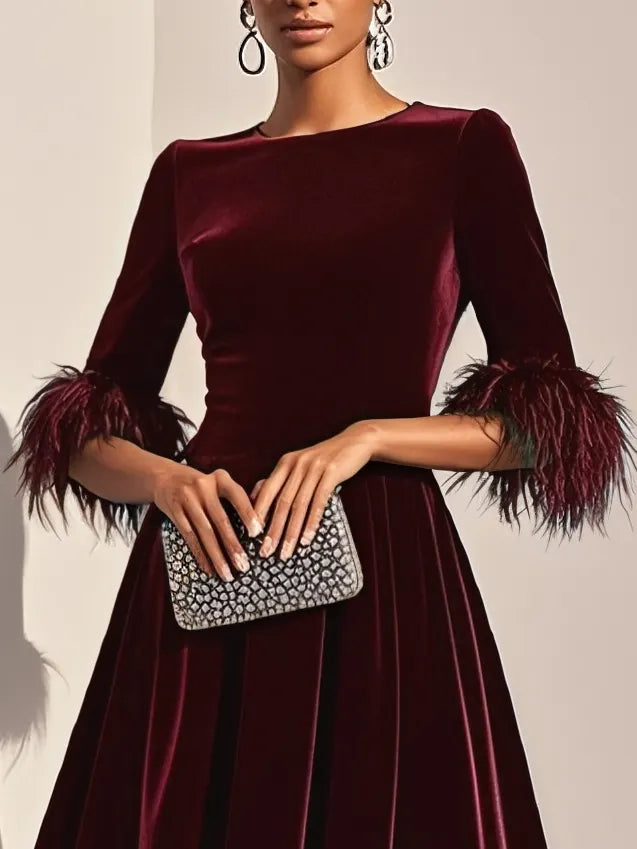 Dark Blue Feather-trimmed Velvet Round Neck Short-sleeved A-line Midi Dress
