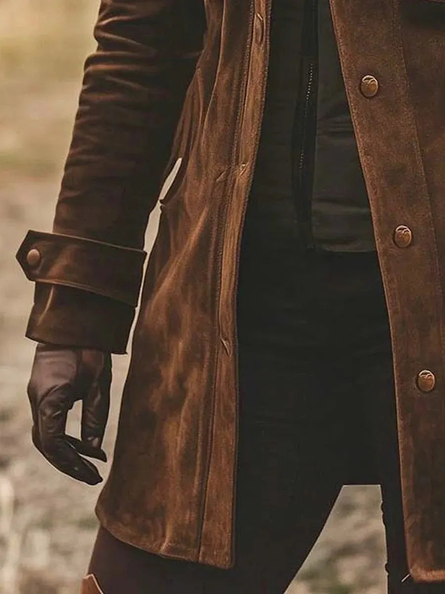 Vintage Suede Lapel Collar Mid-Length Coat Jacket